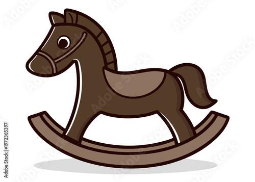 A brown wooden rocking horse toy with a lighter saddle and curved base is shown from a side profile perspective on a white background.