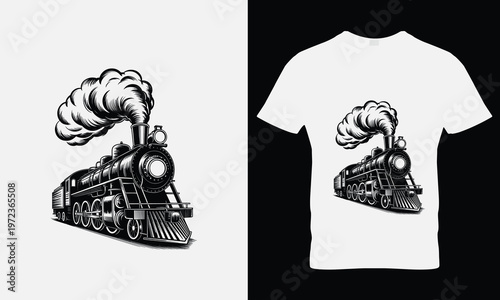 Black and white vintage steam locomotive on t shirt mockup