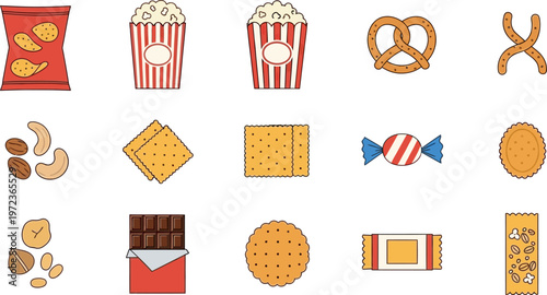 A colorful illustration set of various snacks and treats on a white background for design.