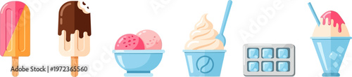 Colorful illustration set of ice cream treats on sticks and in bowls and containers outside.