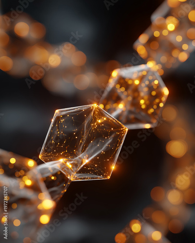 Illuminated Chain: A striking visual of a chain composed of transparent, luminous blocks, set against a blurred, dark backdrop, symbolizing the interconnectedness of concepts.