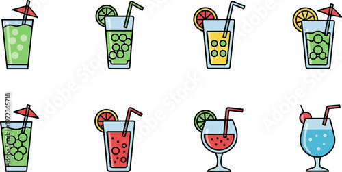 Colorful set of eight glasses with drinks and umbrellas on a white background illustration.