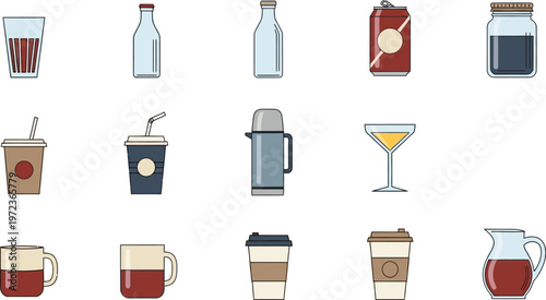 Illustrations of various drink containers on a white background including bottles and cups.