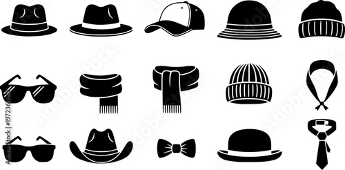 Fashion headwear and apparel accessories icon set featuring various simple black silhouettes of different hat styles – Black and White Vector Illustration
