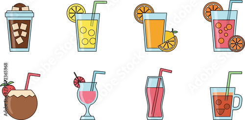 Colorful illustrations of various drinks with straws and fruits on a white background showcase