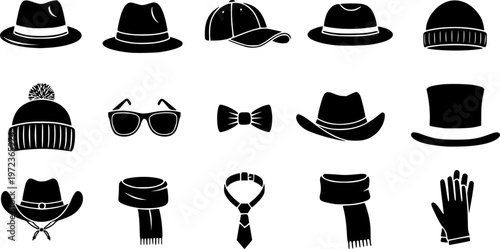 Fashion headwear and apparel accessories icon set featuring various simple black silhouettes of different hat styles – Black and White Vector Illustration