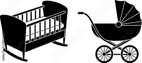 Nursery furniture and infant transportation equipment icon set featuring a simple black silhouette of a baby cot and a pram – Black and White Vector Illustration