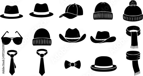 Fashion headwear and apparel accessories icon set featuring various simple black silhouettes of different hat styles – Black and White Vector Illustration