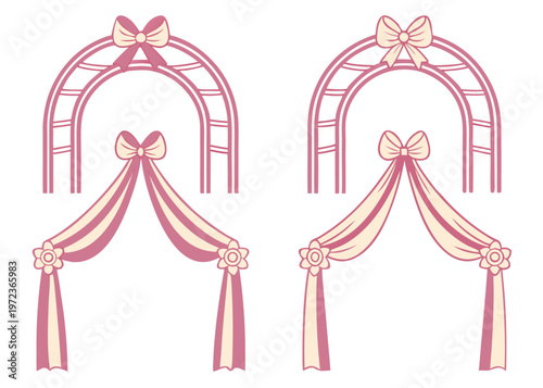 A collection of decorative wedding arches and gazebos featuring pink and cream drapes and bows arranged in a four-part set on a white background.