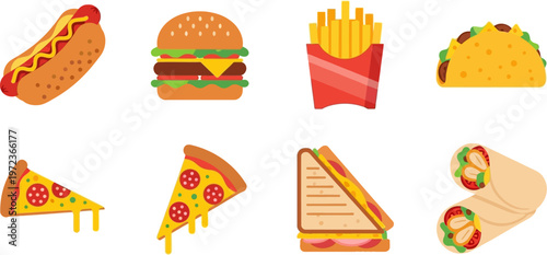 Tasty fast food set with hot dog, hamburger, fries, taco, pizza, sandwich, and burrito illustrations.