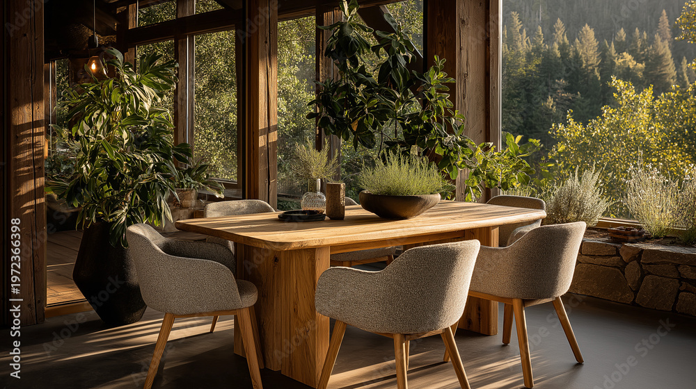 Fototapeta premium Wooden Dining Room with natural view: A beautifully lit wooden dining space seamlessly merges indoor comfort with the serene beauty of the natural world.