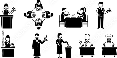 Restaurant hospitality and social dining lifestyle icon set featuring various simple black silhouettes of people eating and interacting at tables – Black and White Vector Illustration