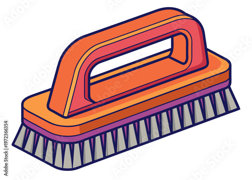 A modern orange and red cleaning brush with gray bristles shown from an isometric perspective on a white background for household utility themes.