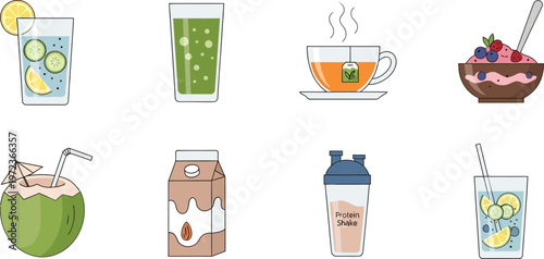 Colorful illustrations of drinks and food items on a white background include beverage sets