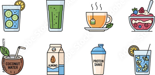 Variety of healthy drinks and food items on display