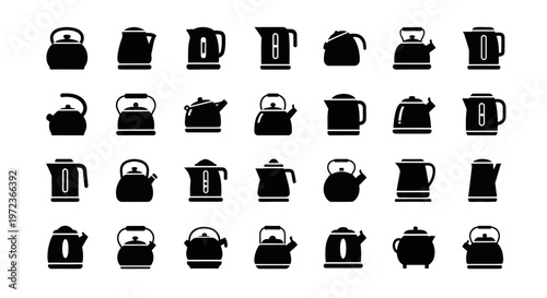 Collection of black kettle icons.