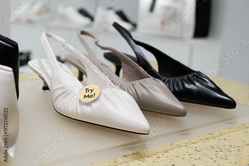 Stylish slingback shoes on display at a modern retail store inviting customers to try them on