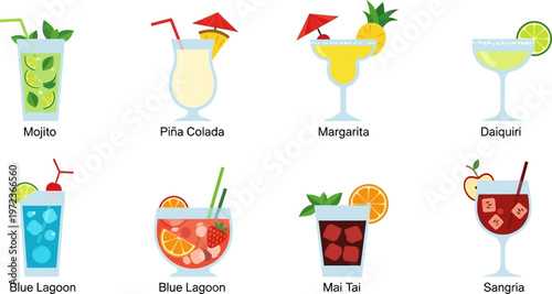 Colorful illustrations of eight cocktails on a white background with vibrant umbrellas and straws.