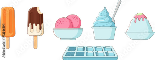 Colorful illustration of ice cream treats on a white background with bowls and tray.