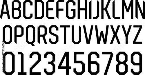 Sleek contemporary display font with dynamic segmented letterforms and numbers for digital designs