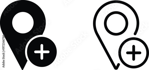 Location pin icons with plus symbol representing add new place, solid and outline designs for mapping, navigation, and user interface applications