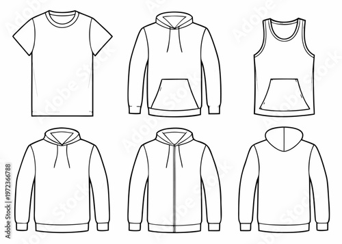 A collection of six black and white line art templates for men's apparel including t-shirts and hoodies on a white background.