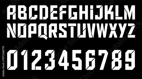 Bold geometric display typeface with distinctive cut corners and sharp angles for creative design