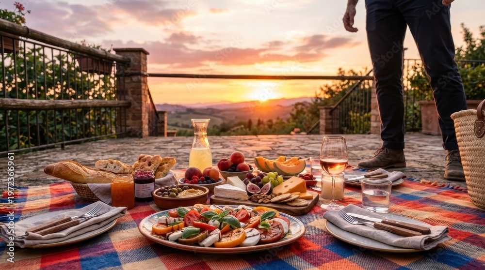 Obraz premium from a low angle, the terrace scene showcases a colorful spread of food on a checkered blanket with a vibrant sunset backdrop, creating a dynamic narrative of the picnic