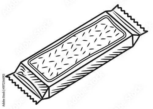 A black and white line art illustration shows a snack bar wrapper with a textured seed pattern on the top surface.