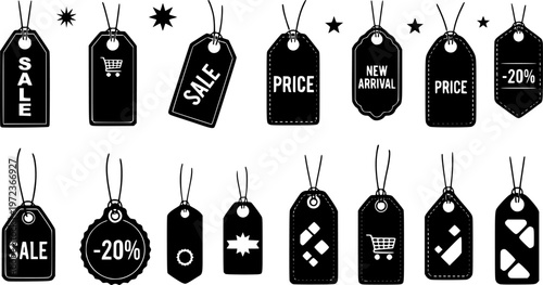 Retail price tags and commercial branding label icon set featuring various simple black silhouettes of hanging product tags – Black and White Vector Illustration