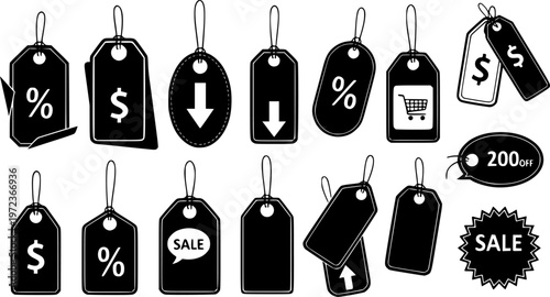Retail price tags and commercial branding label icon set featuring various simple black silhouettes of hanging product tags – Black and White Vector Illustration