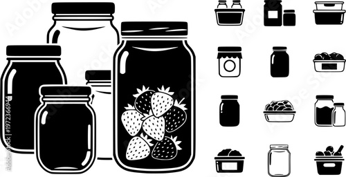 Kitchen food storage and organic fruit preserve icon featuring a simple silhouette of glass jars with one filled with strawberries – Color Vector Illustration