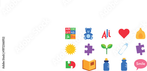 Colorful Collection of Educational and Playful Icons for Kids, Including Toys, Puzzle Pieces, Books, and Smiley Faces