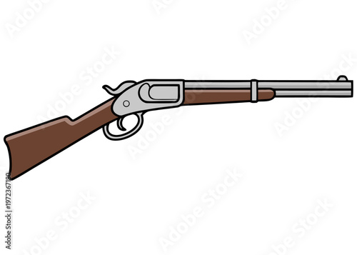A side-view vector illustration of a lever-action rifle depicts a wooden stock and forend attached to a gray metallic frame and cylindrical barrel.