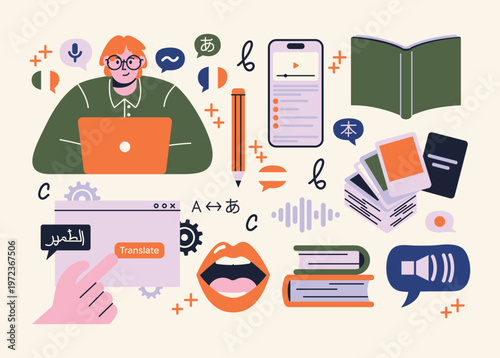 Flat Vector Illustration of Online Language Learning and Education Concept Featuring a Person at a Laptop, Digital Translation Tools, Mobile App, Flashcards, Books, and Audio Speech Bubbles