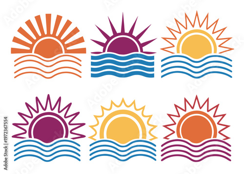 Six stylized sun graphics above four blue wave lines showing ray shapes like rectangles and spikes in orange, purple, and yellow hues on white.