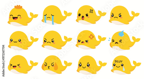 Cute Yellow Whale Emoticon Set: Diverse Emotions and Expressions