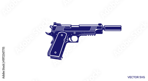 Dark Blue Semi-Automatic Handgun with Silencer Vector Graphic on White Background