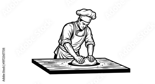 Professional Baker Kneading Dough on a Wooden Surface, Vintage Engraving Style Vector Illustration of a Chef Preparing Fresh Bread