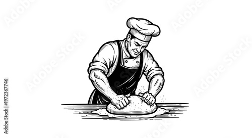 Professional baker kneading dough on a wooden table, vintage woodcut style vector illustration of a chef preparing bread or pizza
