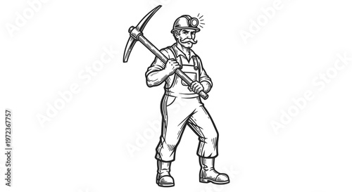 Vintage Woodcut Style Illustration of a Strong Miner Holding a Pickaxe and Wearing a Hard Hat with Lamp