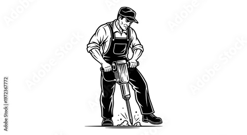 Construction Worker in Overalls Operating a Jackhammer, Vintage Style Vector Illustration of Industrial Demolition Laborer