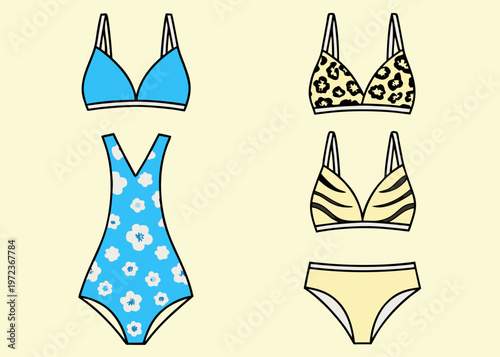 Four pieces of women's swimwear including a blue bikini top, spotted top, striped top, and a floral one-piece swimsuit on a light yellow background.