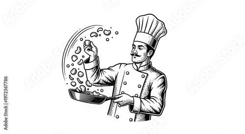 Professional Male Chef Tossing Food in a Frying Pan, Vintage Woodcut Style Illustration of Culinary Preparation