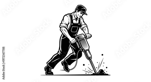 Male construction worker using a jackhammer to break pavement, vintage woodcut style vector illustration of manual labor and industrial infrastructure repair.