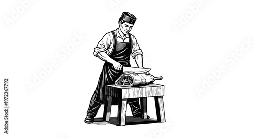 Vintage Woodcut Butcher Illustration of a Professional Man in Apron Cutting a Large Piece of Meat on a Traditional Wooden Block Table
