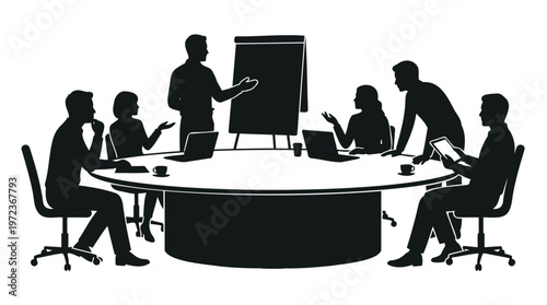 Business meeting silhouette with a team discussing ideas and presenting concepts around a conference table, illustrating teamwork and collaboration
