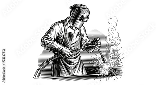 Skilled Welder Using a Torch for Metal Fabrication in Vintage Woodcut Style Illustration