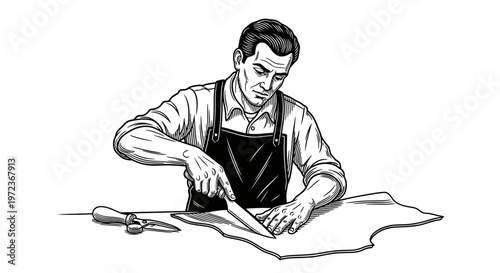 Male craftsman cutting leather material with a sharp knife in a traditional workshop, vintage woodcut style vector illustration