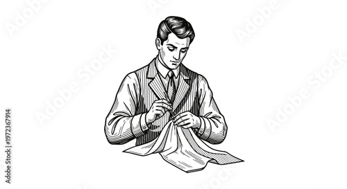 Vintage Engraving Style Illustration of a Professional Male Tailor Hand Sewing Fabric, Traditional Artisan Seamster at Work